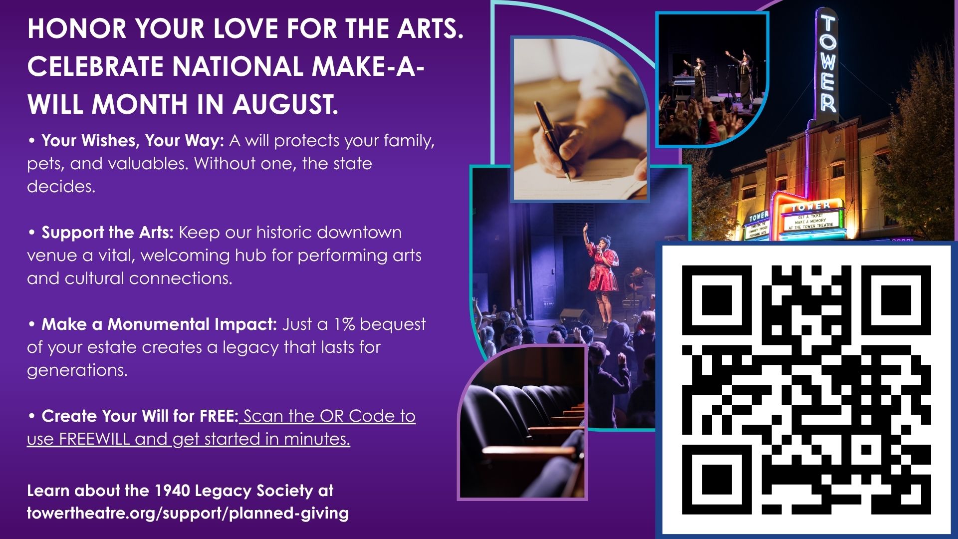 Image describing impact of including the TOwer Theatre in your estate. August is Make a Will month.
