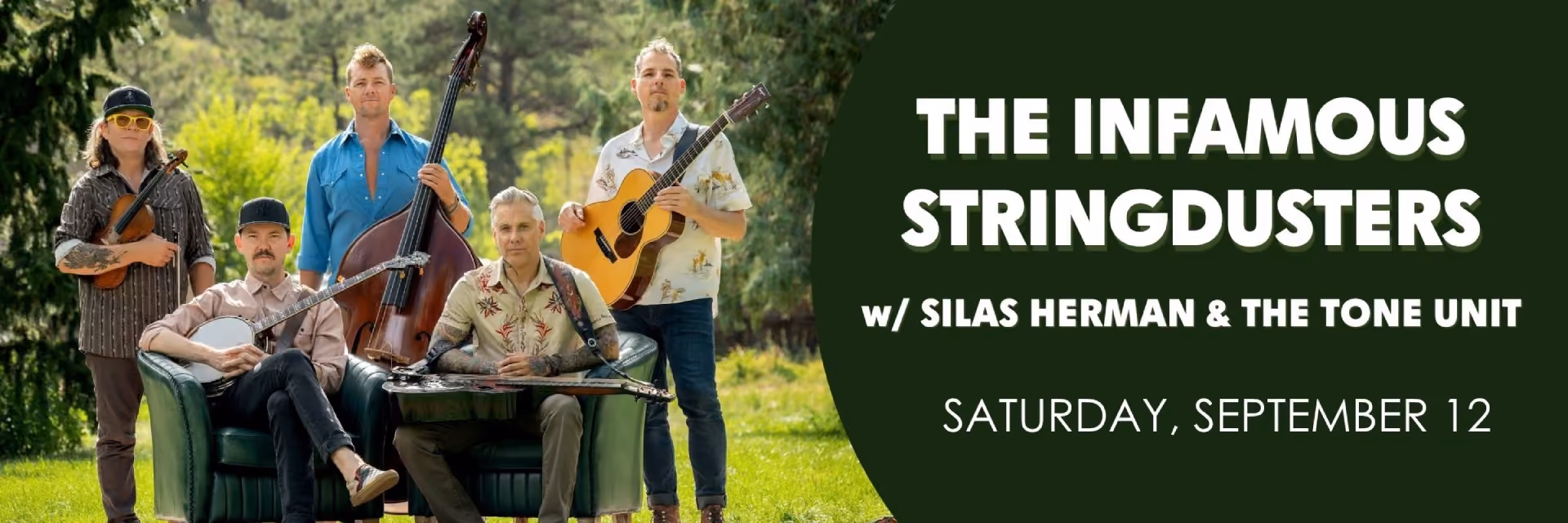 The Infamous Stringdusters band posing outdoors with musical instruments and event details on the right.