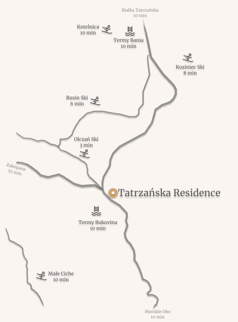 Mapa lokalizacji Tatrzańska Residence w Bukowinie Tatrzańskiej z zaznaczonymi atrakcjami w okolicy