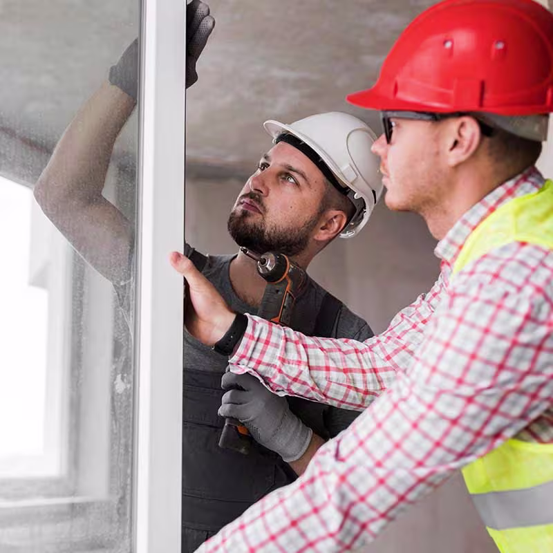 builders installing a window in london