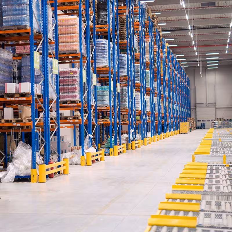 fully fitted warehouse with shelves and clean floor