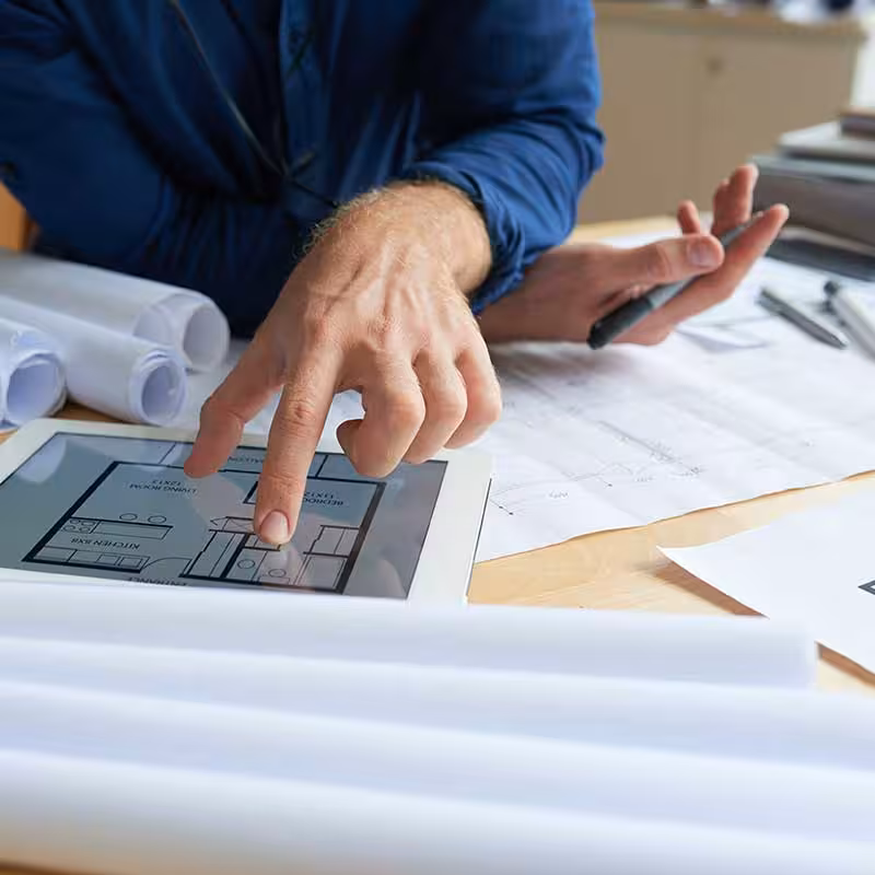 engineer looking at property plans for insurance purposes