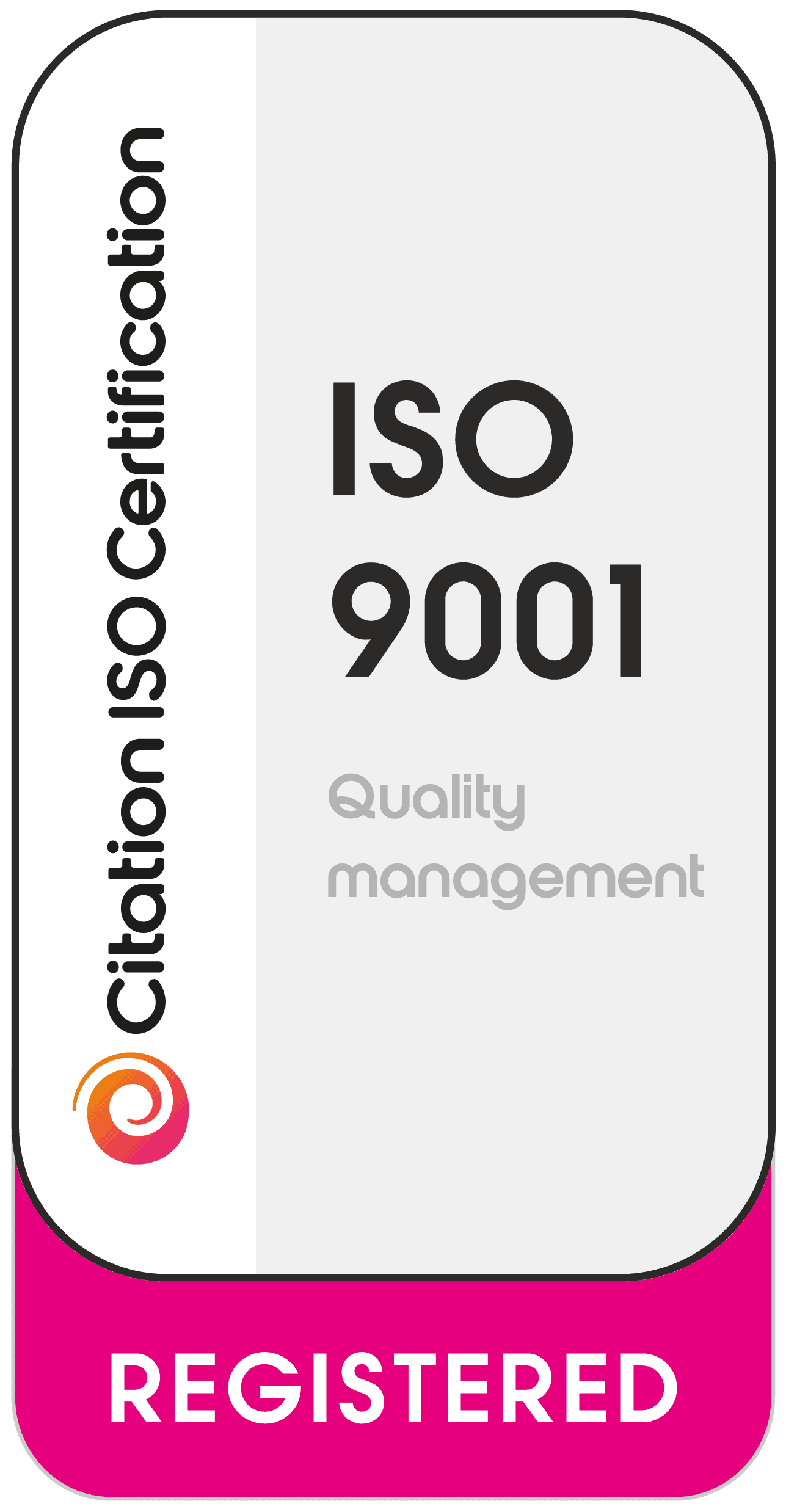 ISO 9001 Quality management registered certification badge with Citation ISO Certification logo.