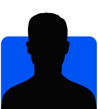 Schwarze Silhouette eines Kopf- und Schulterprofils auf blauem rechteckigem Hintergrund.