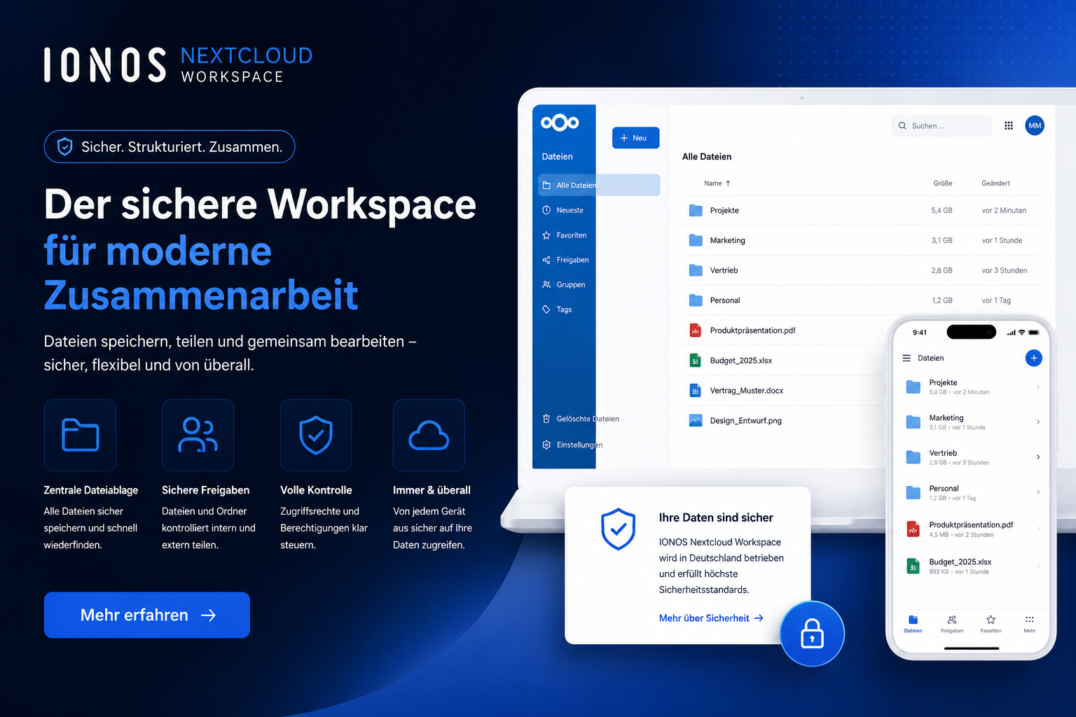 Vollständige Ansicht des IONOS Nextcloud Workspace