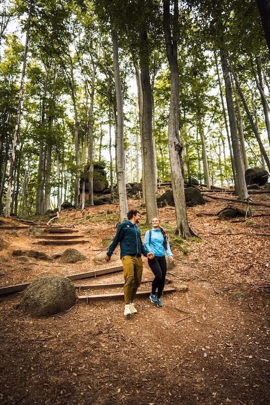 Člověk v modré bundě s batohem kráčí po zasněžené dřevěné stezce lesem v horské krajině.