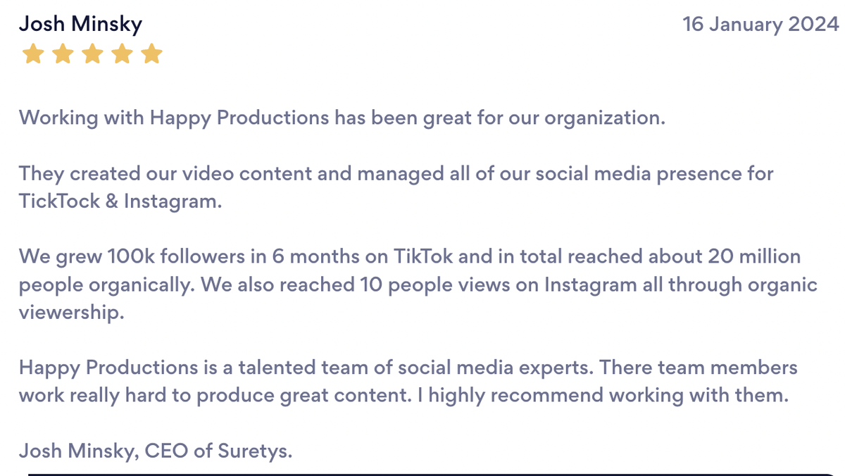 Five star review from Josh Minsky, CEO of Suretys