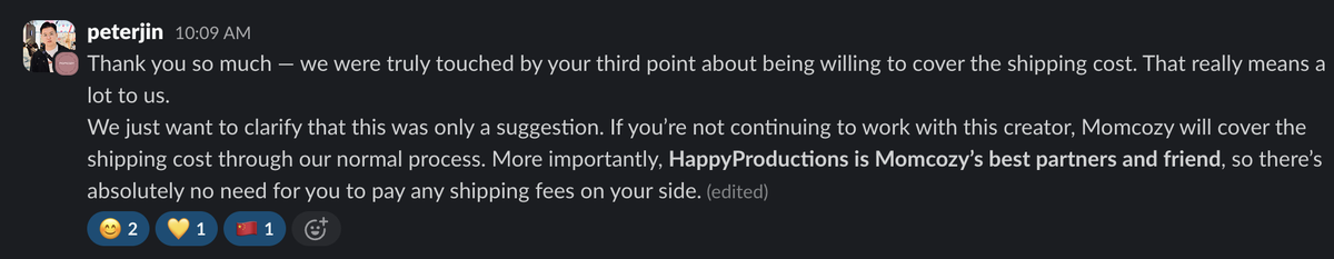 Message from Momcozy calling Happy Productions their best partner