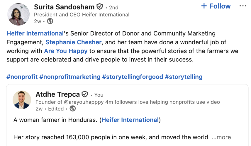 LinkedIn post from the President and CEO of Heifer International