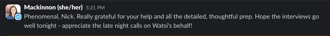 Client message thanking the team on behalf of Watsi