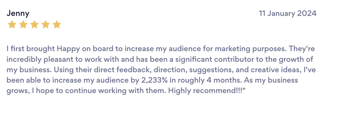 Five star review describing 2,233 percent audience growth in four months