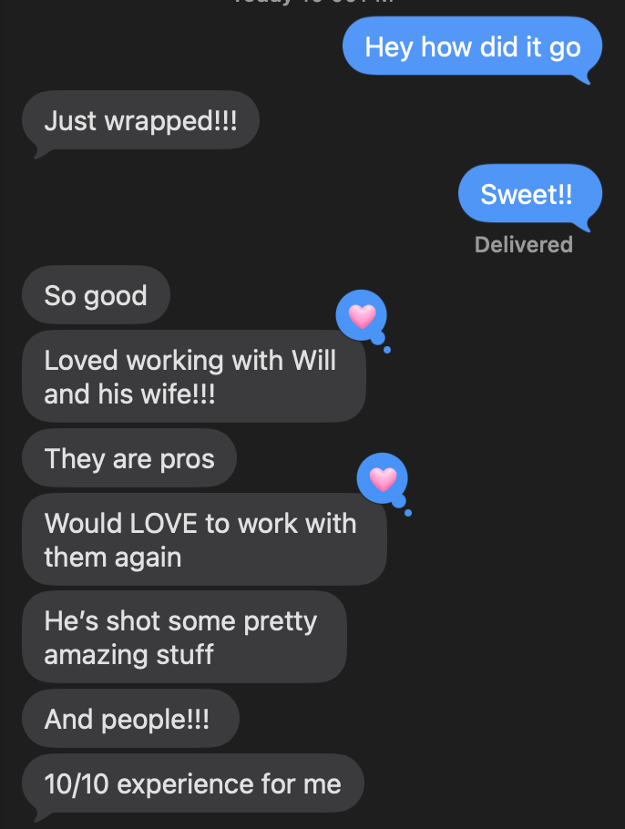 Text message thread describing a ten out of ten shoot experience