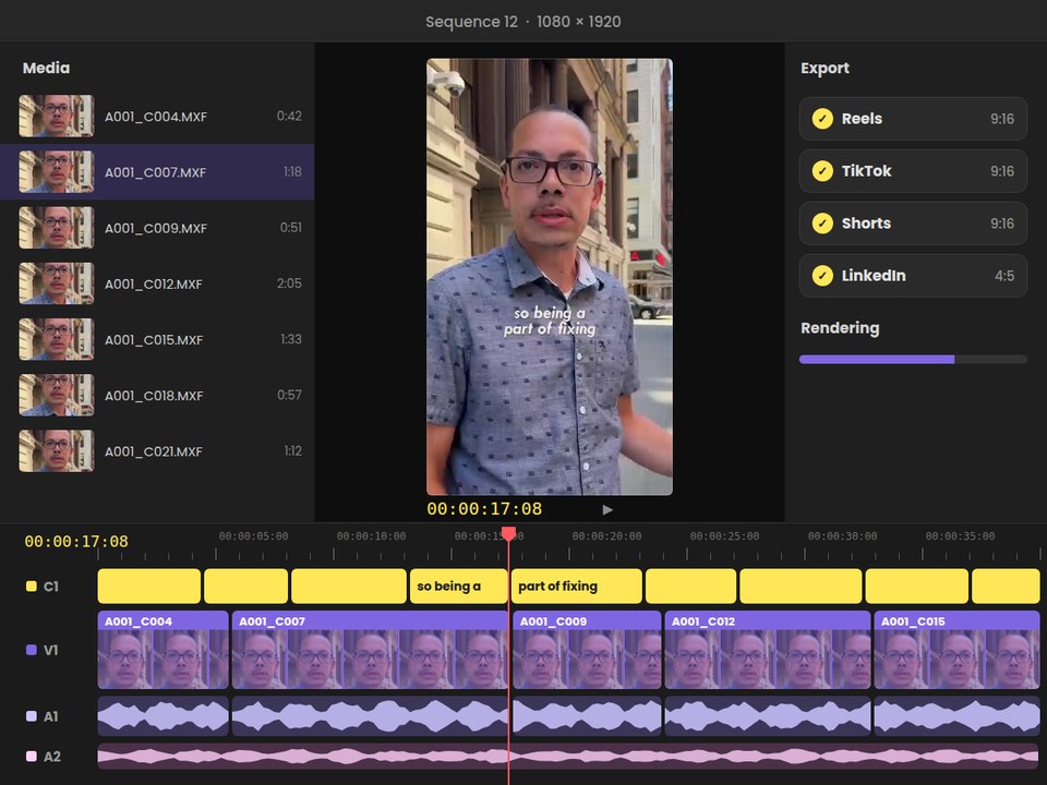 An editing timeline cutting an interview into a captioned vertical video, with export presets for Reels, TikTok, Shorts and LinkedIn