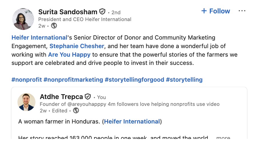 LinkedIn post by Surita Sandosham, President and CEO of Heifer International, praising the work with Are You Happy