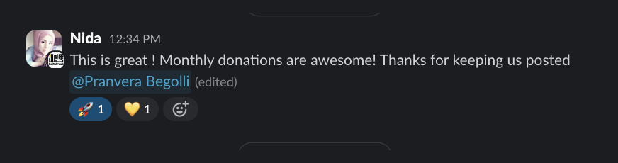 Slack message from Nida: Monthly donations are awesome