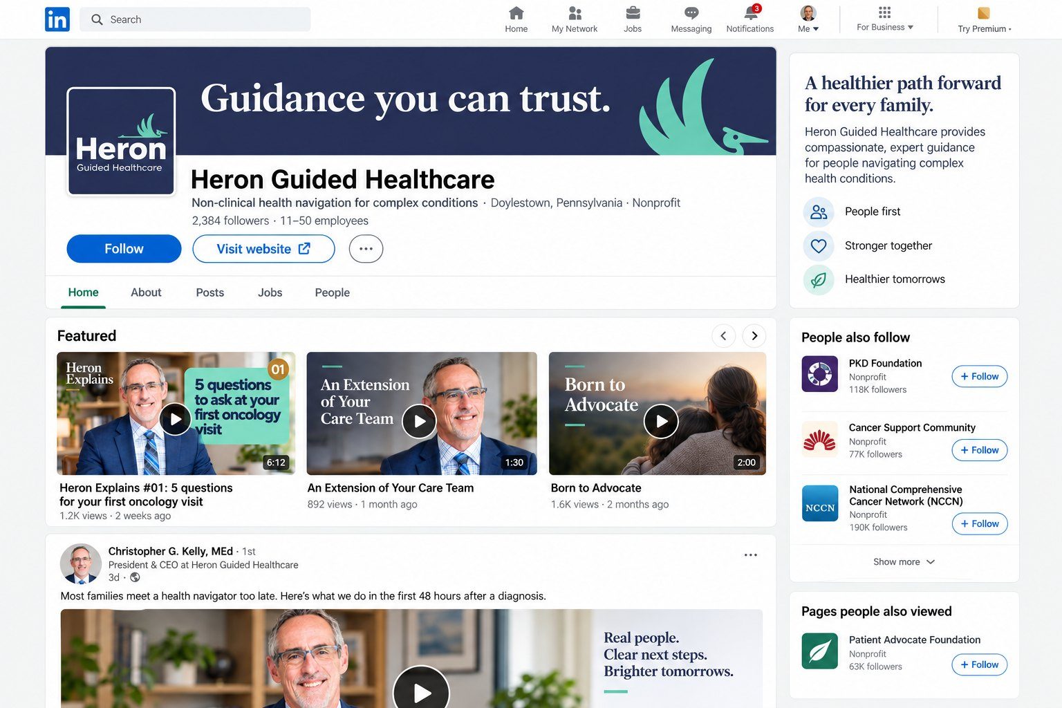 Concept: Heron Guided Healthcare LinkedIn page with featured video series