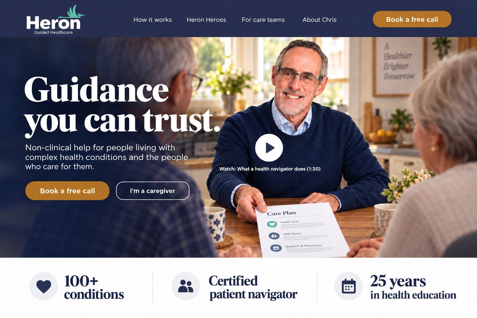 Concept: heroncare.org homepage with a video hero