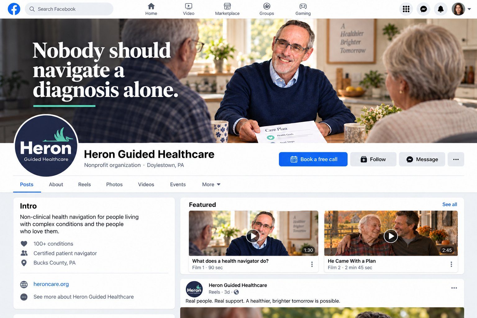 Concept: Heron Guided Healthcare Facebook page with Book a free call button and featured films