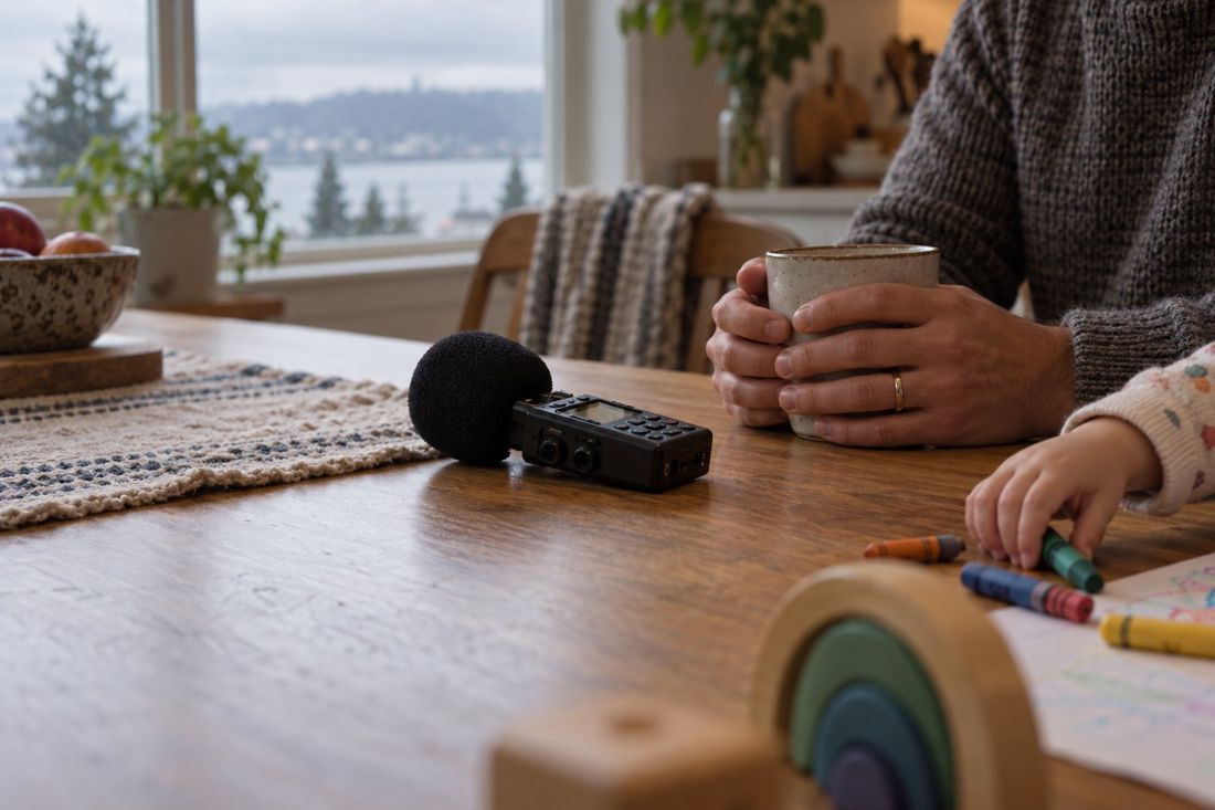 Concept frame: an audio recorder on a kitchen table beside a parent’s hands