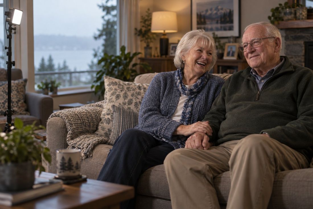 Concept frame: two long-time donors on their sofa