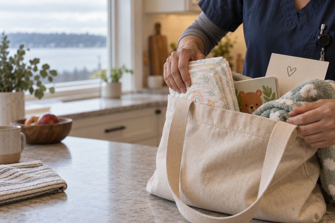 Concept frame: a nurse’s hands packing a tote with supplies