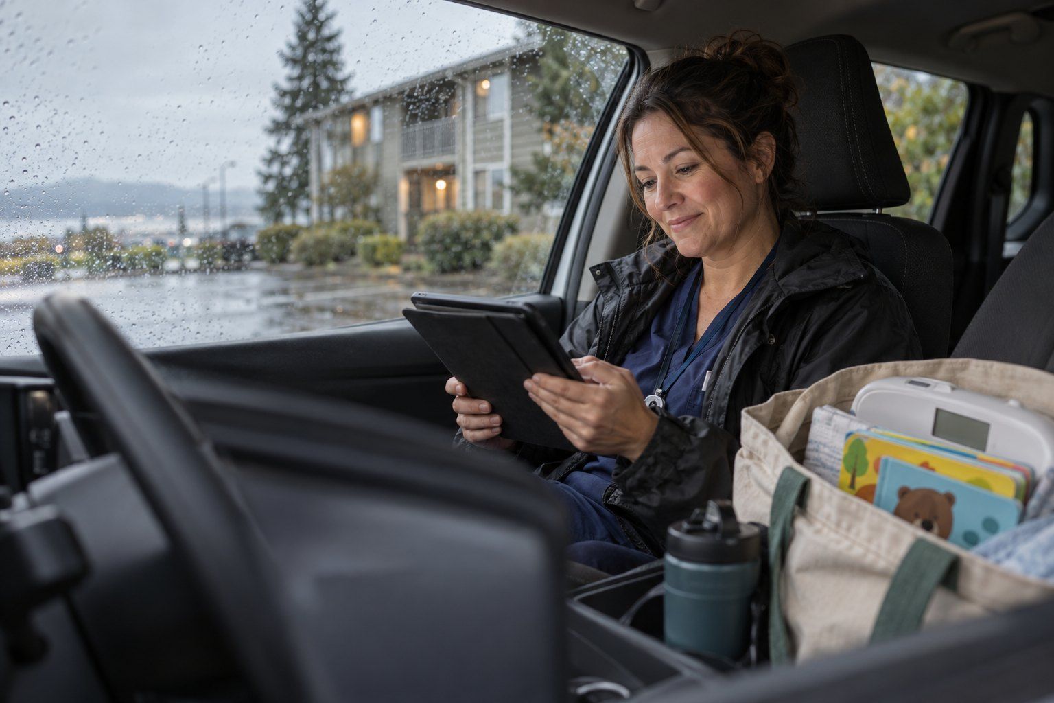 Concept frame: a home visitor reviewing notes in her car before a visit