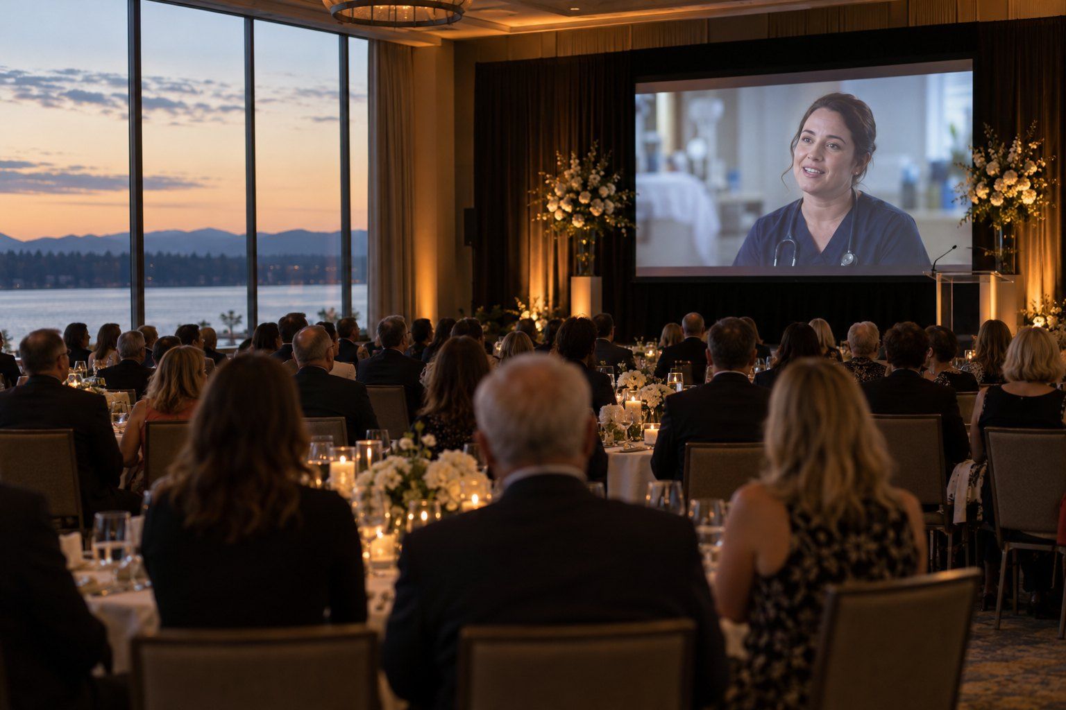 Concept frame: luncheon guests watch a nurse speaking on a large screen