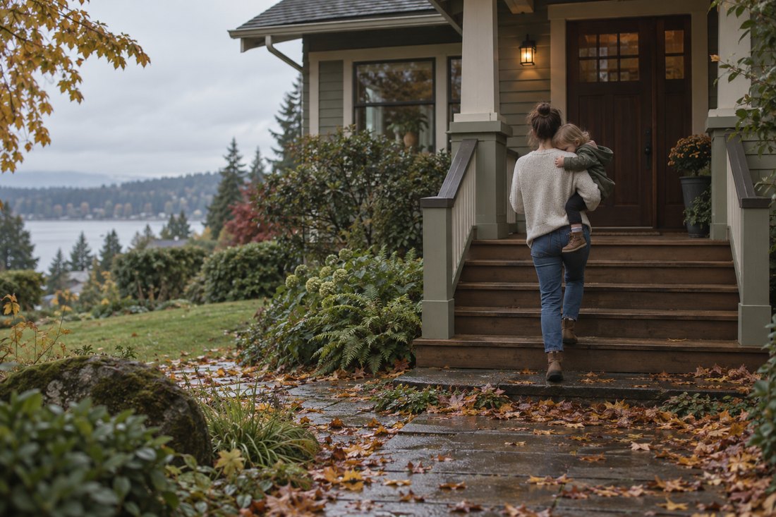 Concept frame: a parent carries her toddler up the front steps, seen from behind
