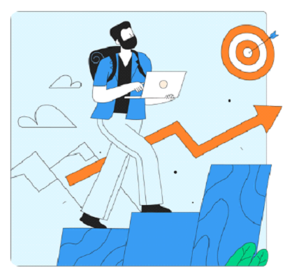 Illustration of a person with a laptop climbing steps toward a target with an upward arrow.