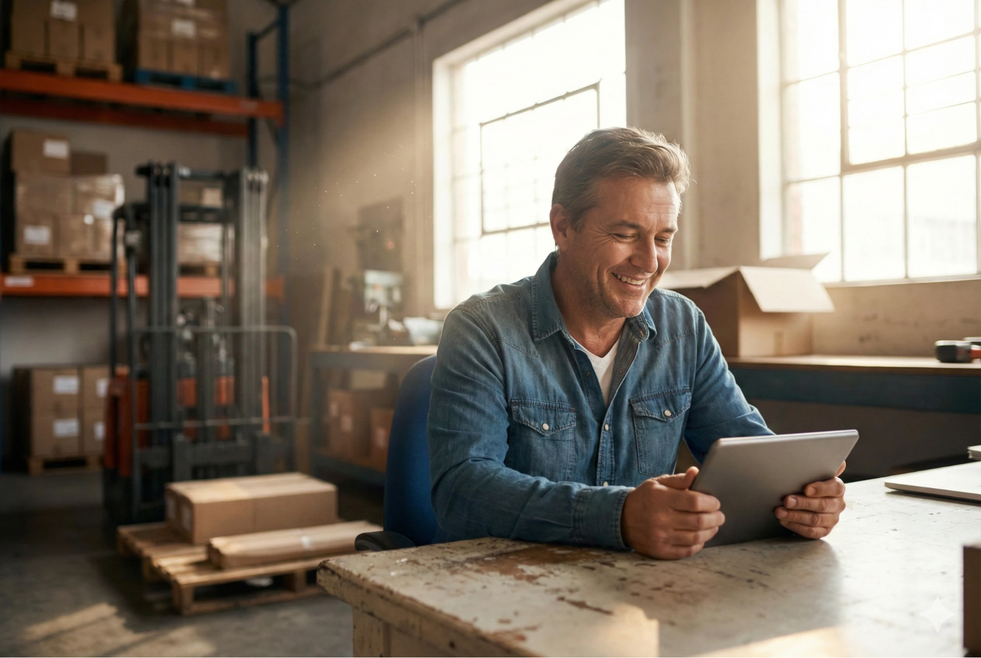 A smiling middle-aged man in a denim shirt sits at a worktable in a warehouse, holding and looking at a tablet