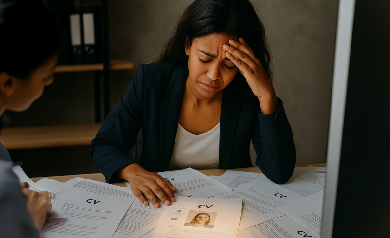 A worried recruiter going through irrelevant CVs