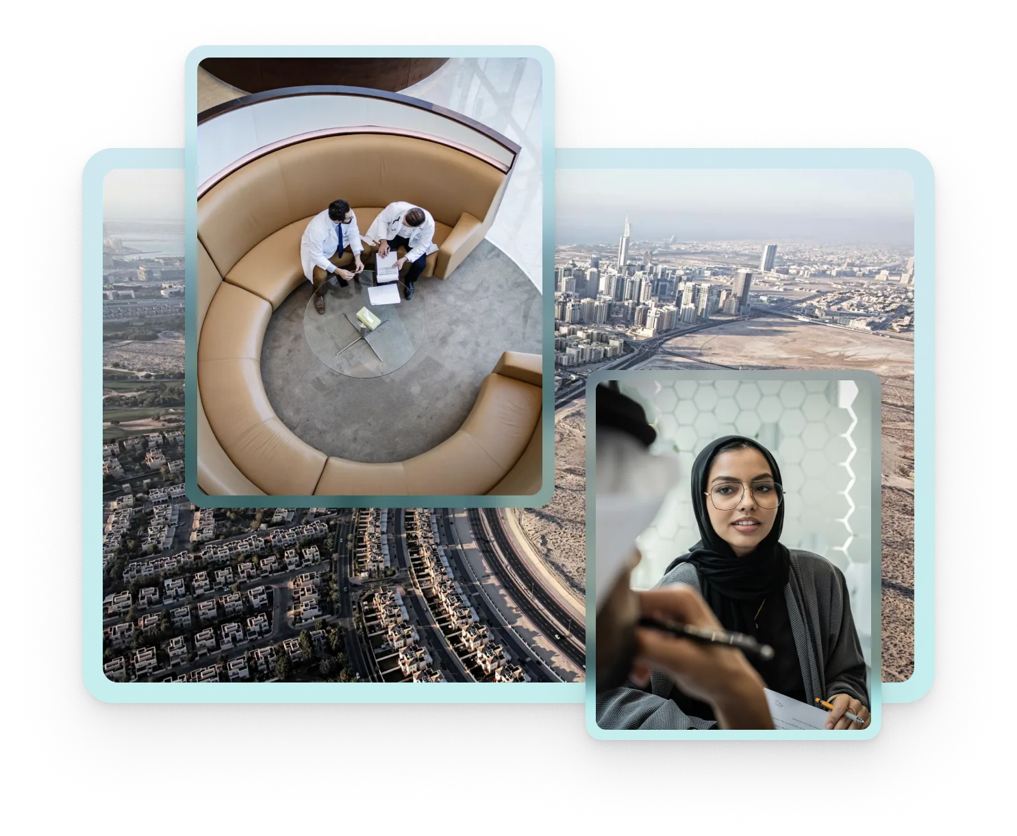 Images showing Arab city, research man dialogue sitting over round chair-set, Arabic lady  having research therapy with business man.