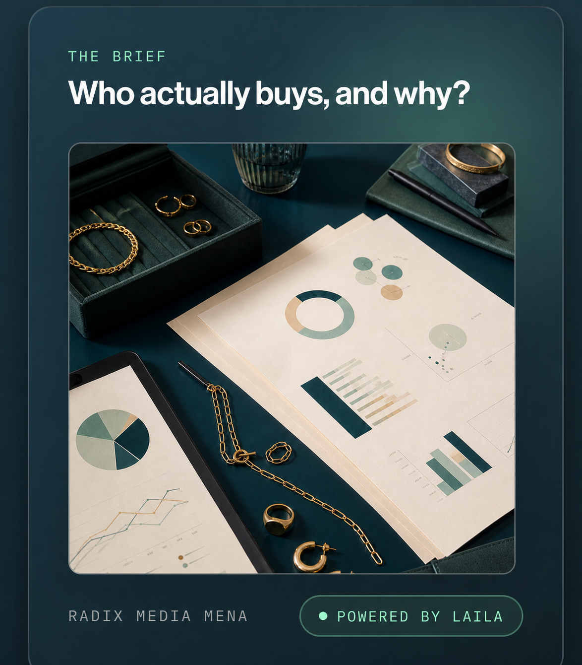 Gold jewelry arranged beside market research reports and audience segmentation charts in the Radix Media case study hero.