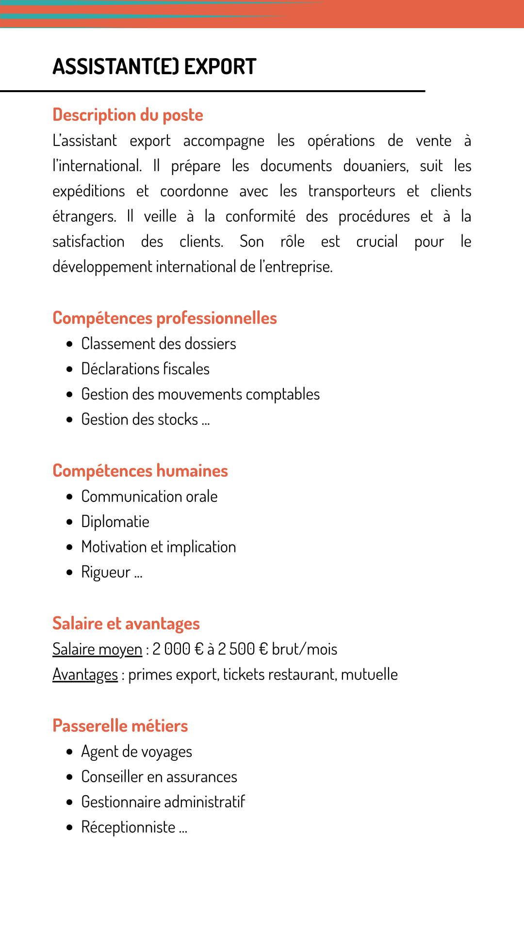 Fiche métier assistant export qui explique les missions, les compétences recherchées, le salaire et les métiers qui demandent les mêmes compétences