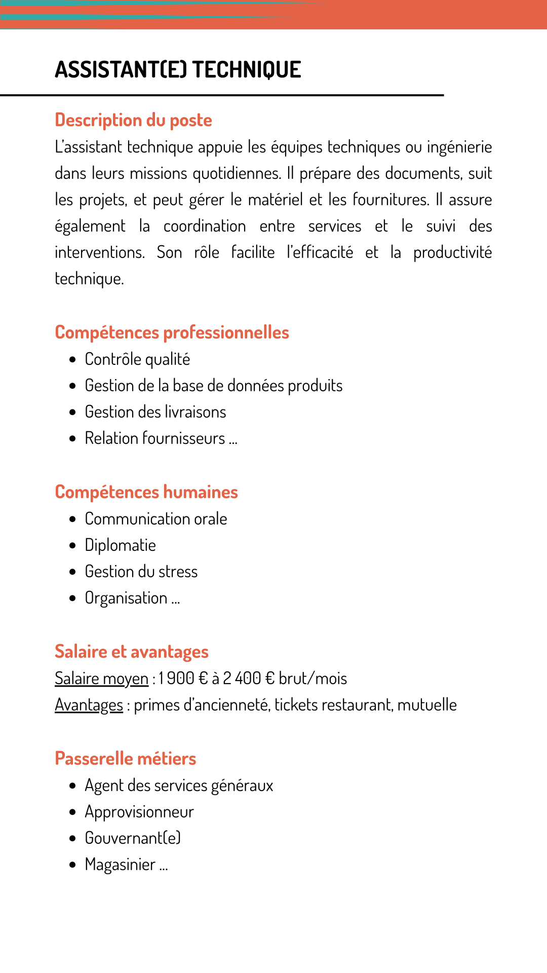 Fiche métier assistant technique qui explique les missions, les compétences recherchées, le salaire et les métiers qui demandent les mêmes compétences
