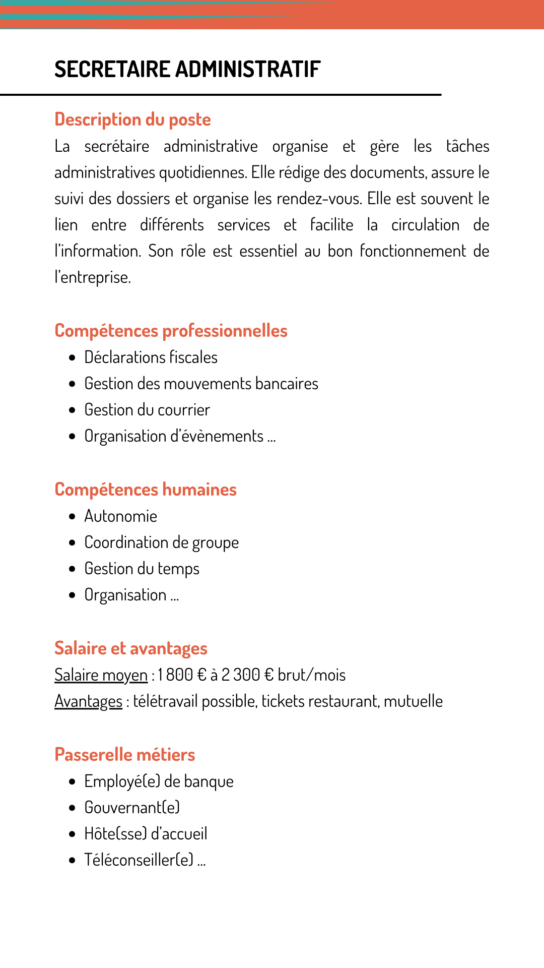 Fiche métier secretaire administratif qui explique les missions, les compétences recherchées, le salaire et les métiers qui demandent les mêmes compétences