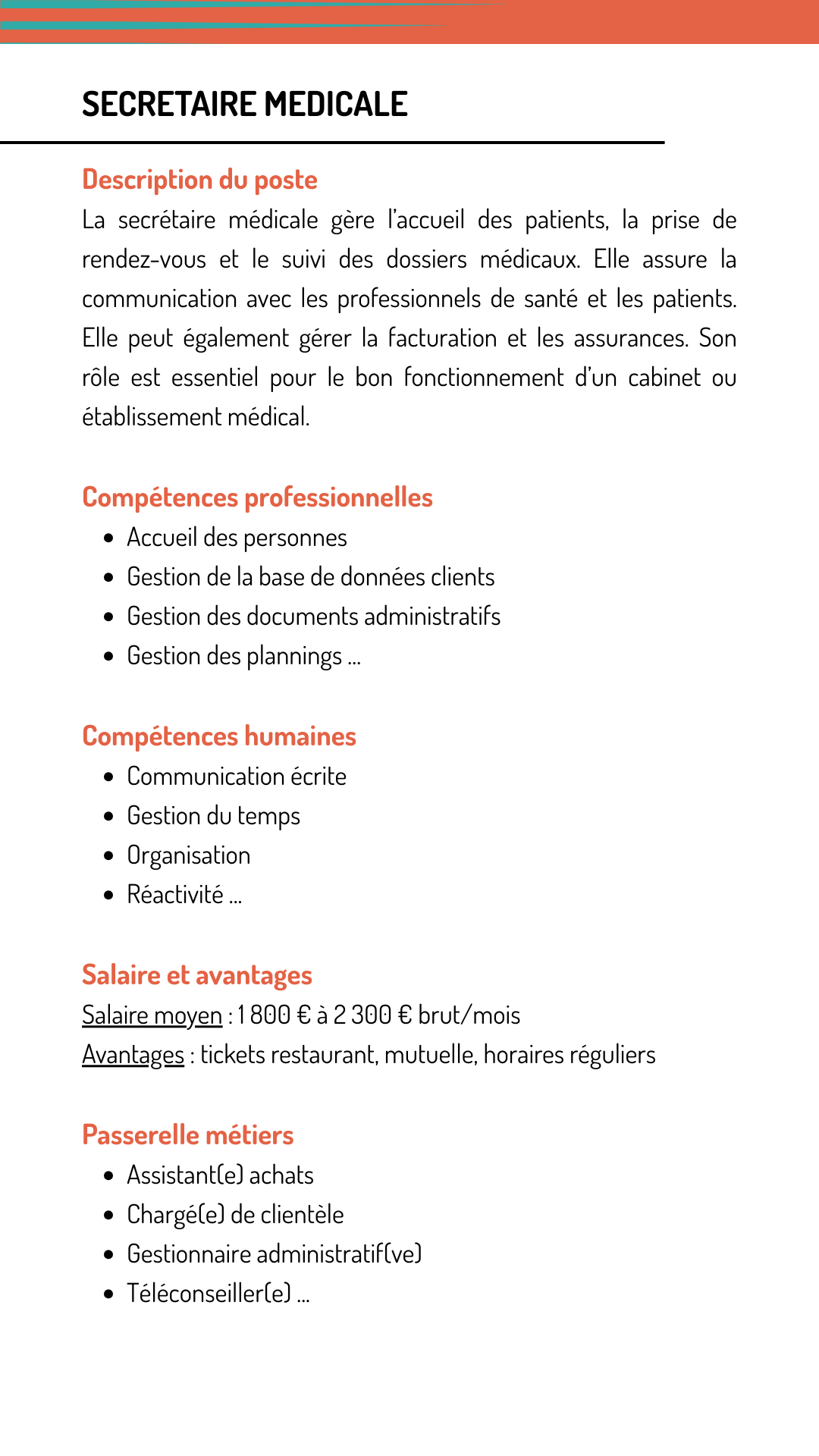 Fiche métier secretaire medicale qui explique les missions, les compétences recherchées, le salaire et les métiers qui demandent les mêmes compétences