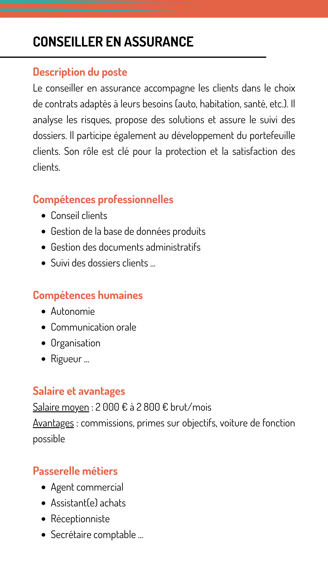 Fiche métier conseiller assurance qui explique les missions, les compétences recherchées, le salaire et les métiers qui demandent les mêmes compétences