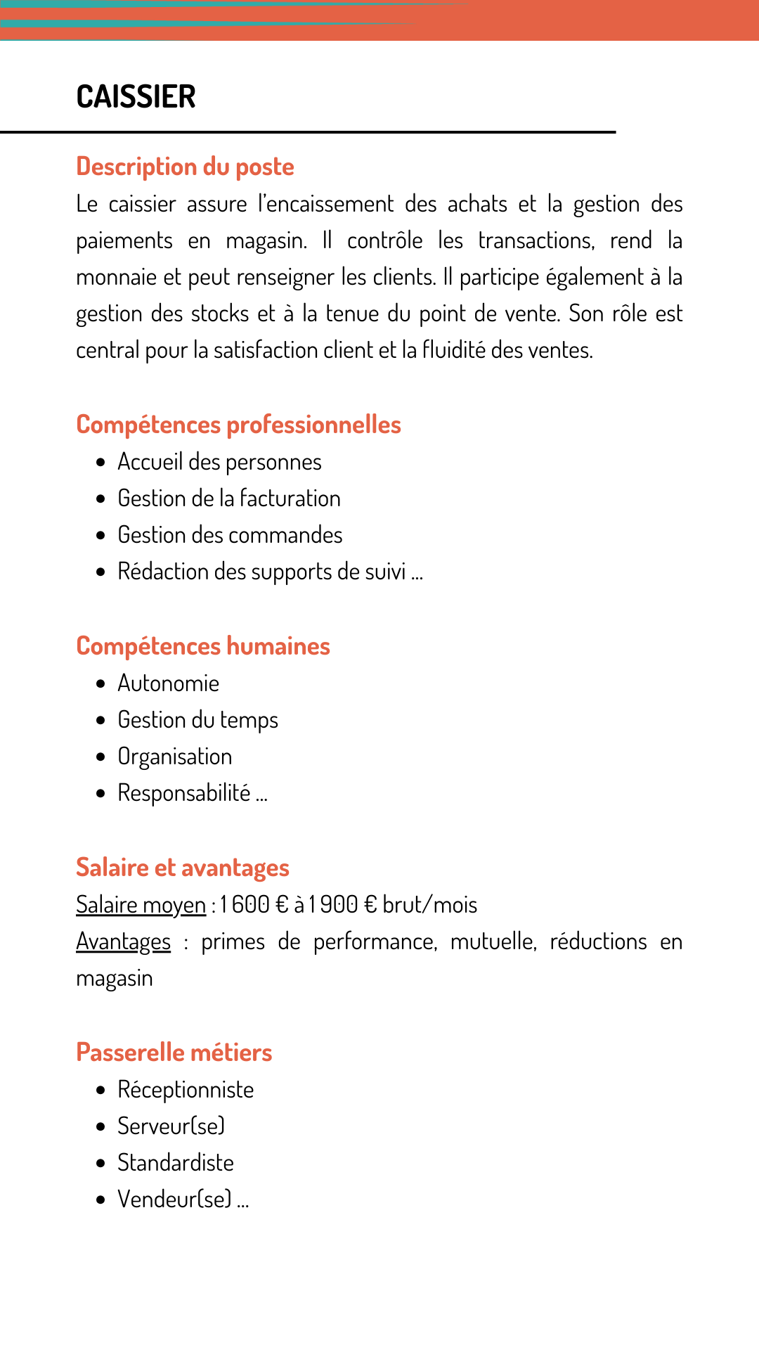 Fiche métier caissier qui explique les missions, les compétences recherchées, le salaire et les métiers qui demandent les mêmes compétences
