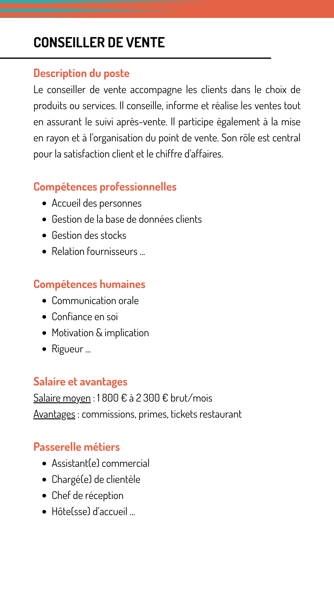 Fiche métier conseiller vente qui explique les missions, les compétences recherchées, le salaire et les métiers qui demandent les mêmes compétences
