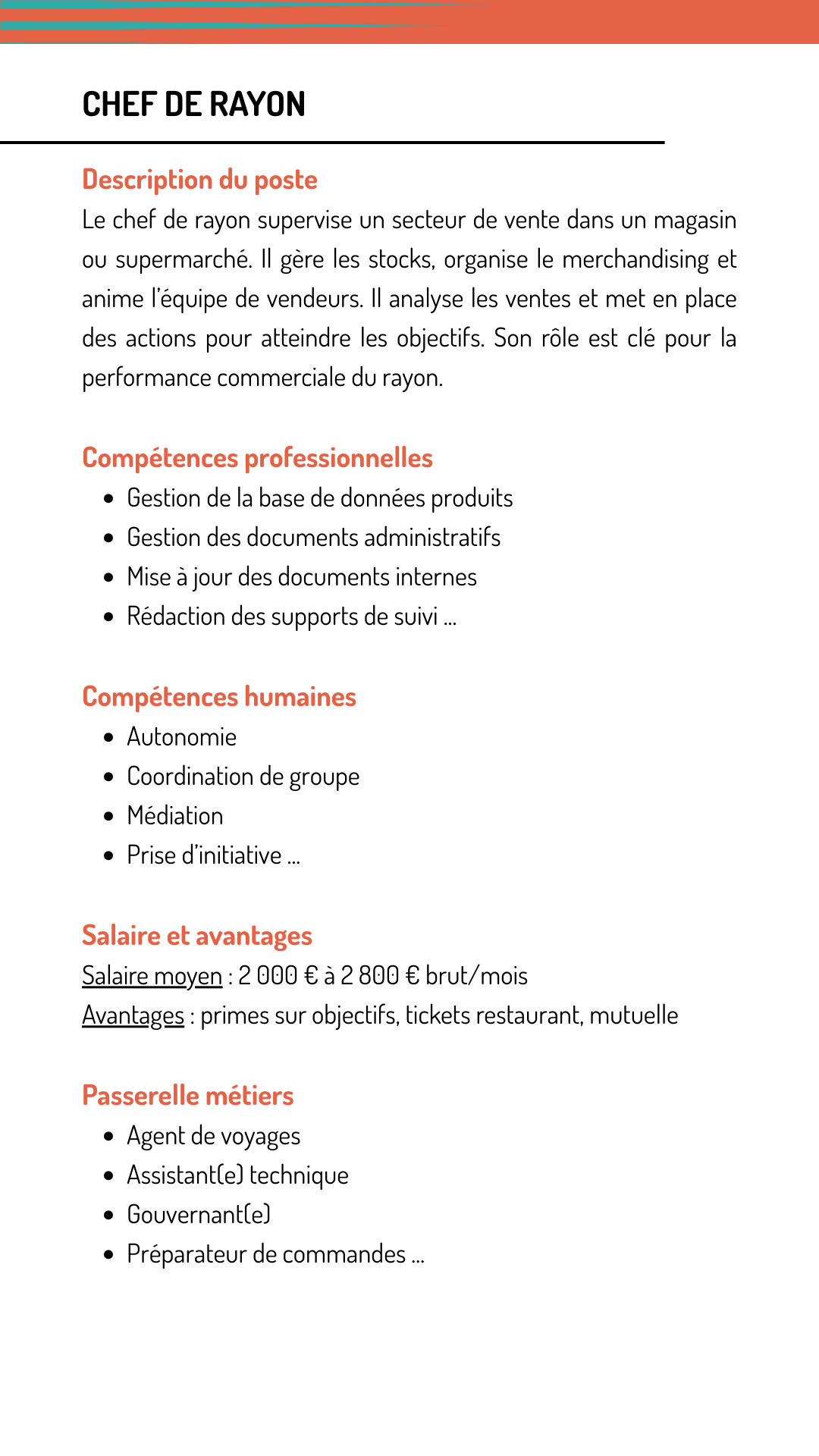 Fiche métier chef rayon qui explique les missions, les compétences recherchées, le salaire et les métiers qui demandent les mêmes compétences