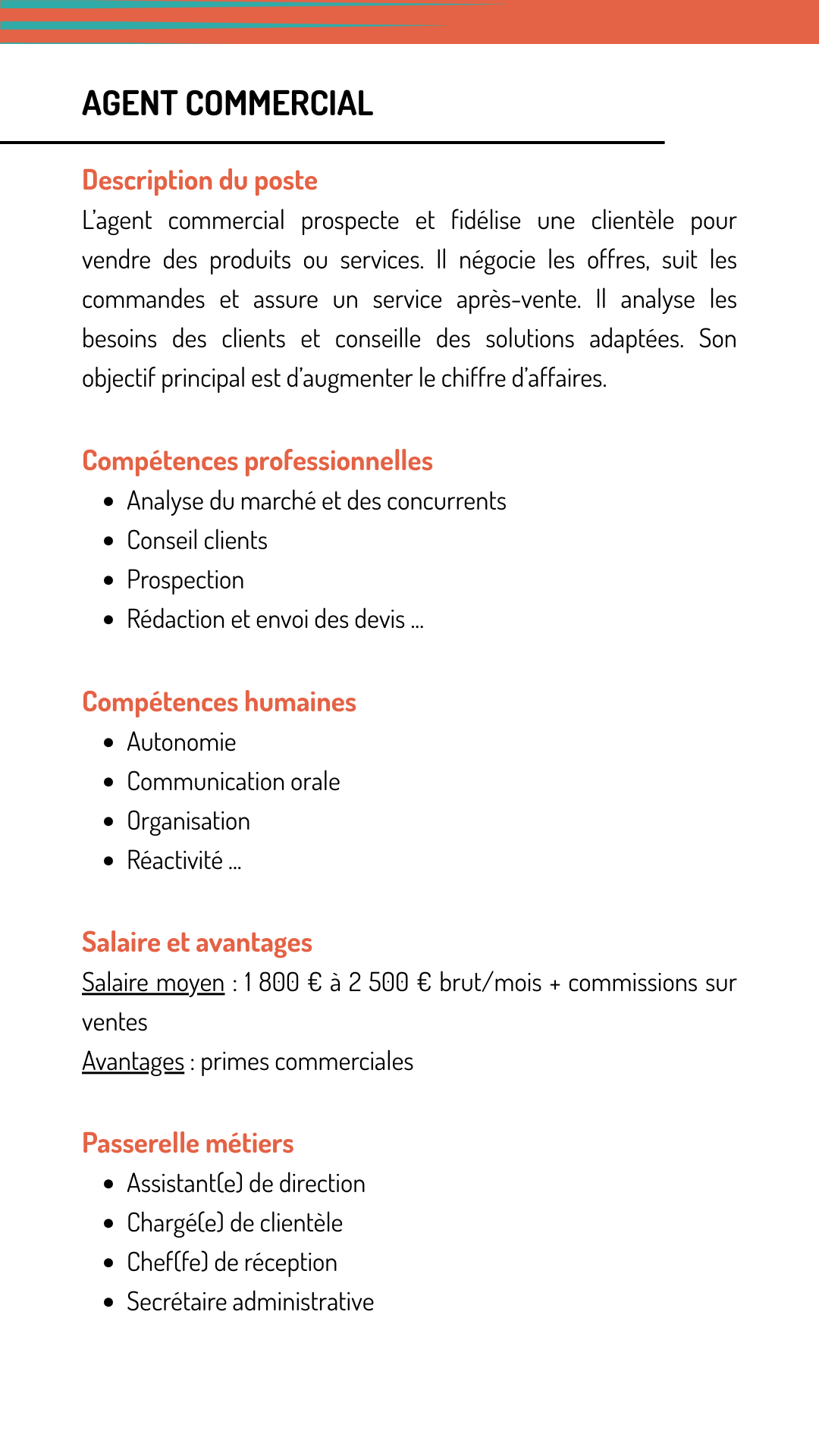 Fiche métier agent commercial qui explique les missions, les compétences recherchées, le salaire et les métiers qui demandent les mêmes compétences