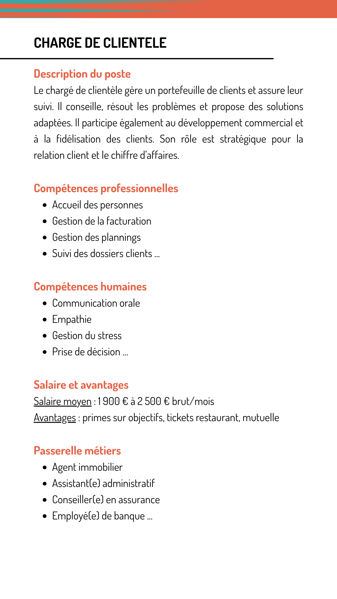 Fiche métier charge clientele qui explique les missions, les compétences recherchées, le salaire et les métiers qui demandent les mêmes compétences