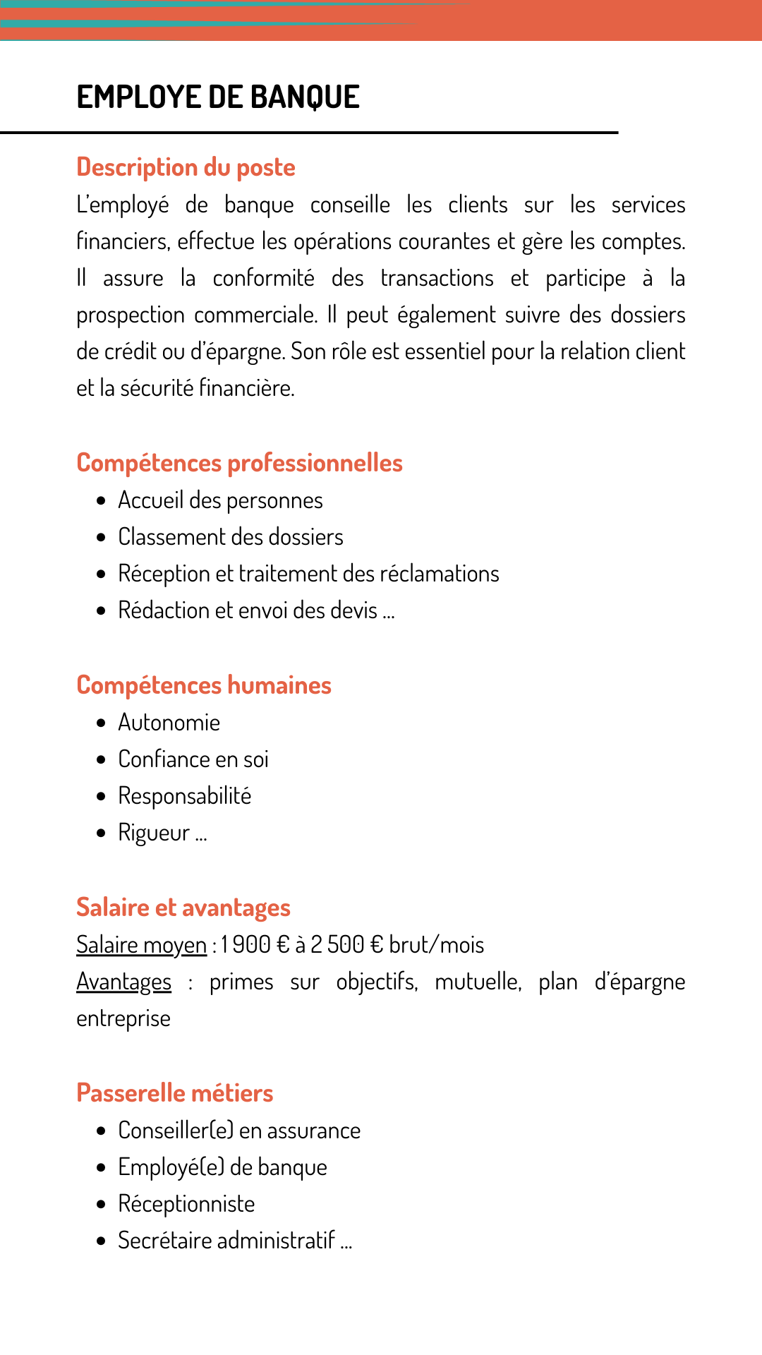 Fiche métier employe banque qui explique les missions, les compétences recherchées, le salaire et les métiers qui demandent les mêmes compétences
