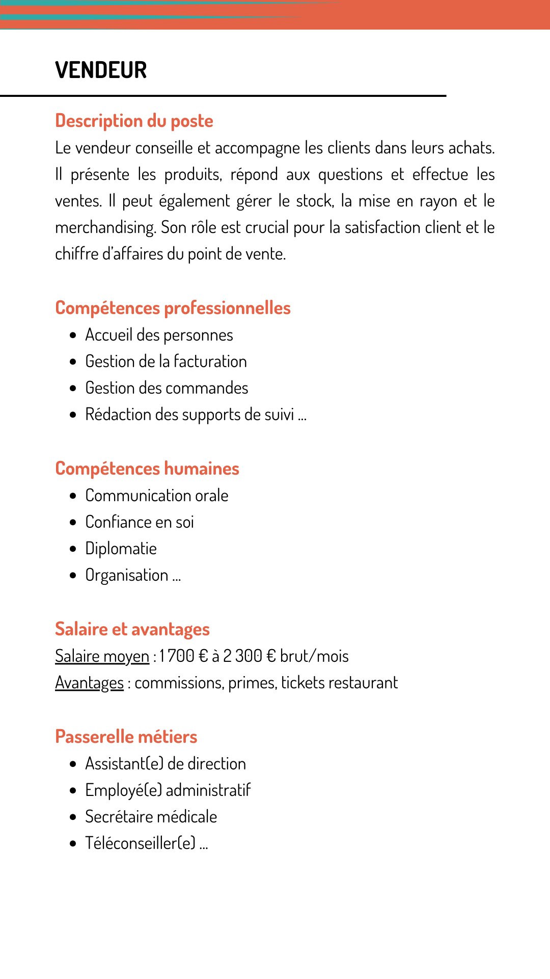 Fiche métier vendeur qui explique les missions, les compétences recherchées, le salaire et les métiers qui demandent les mêmes compétences