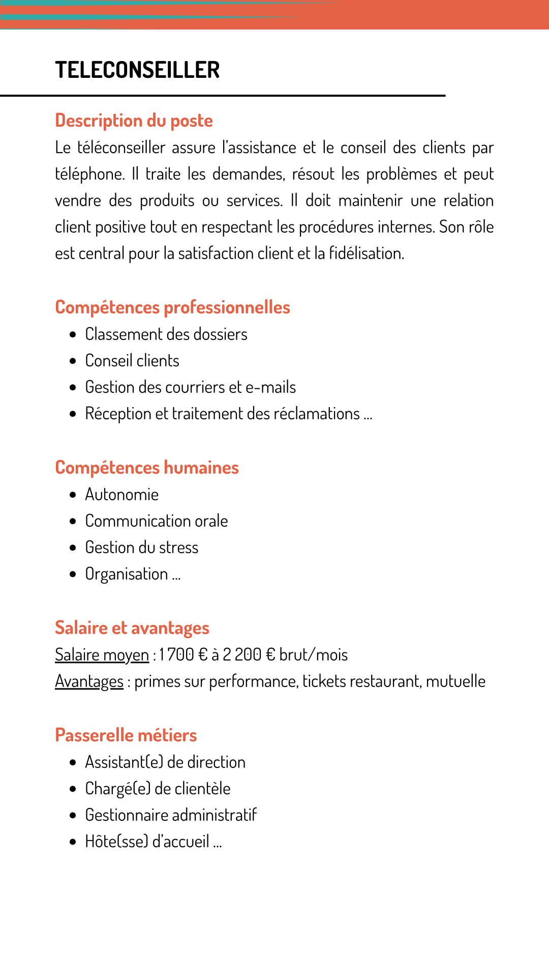 Fiche métier téléconseiller qui explique les missions, les compétences recherchées, le salaire et les métiers qui demandent les mêmes compétences