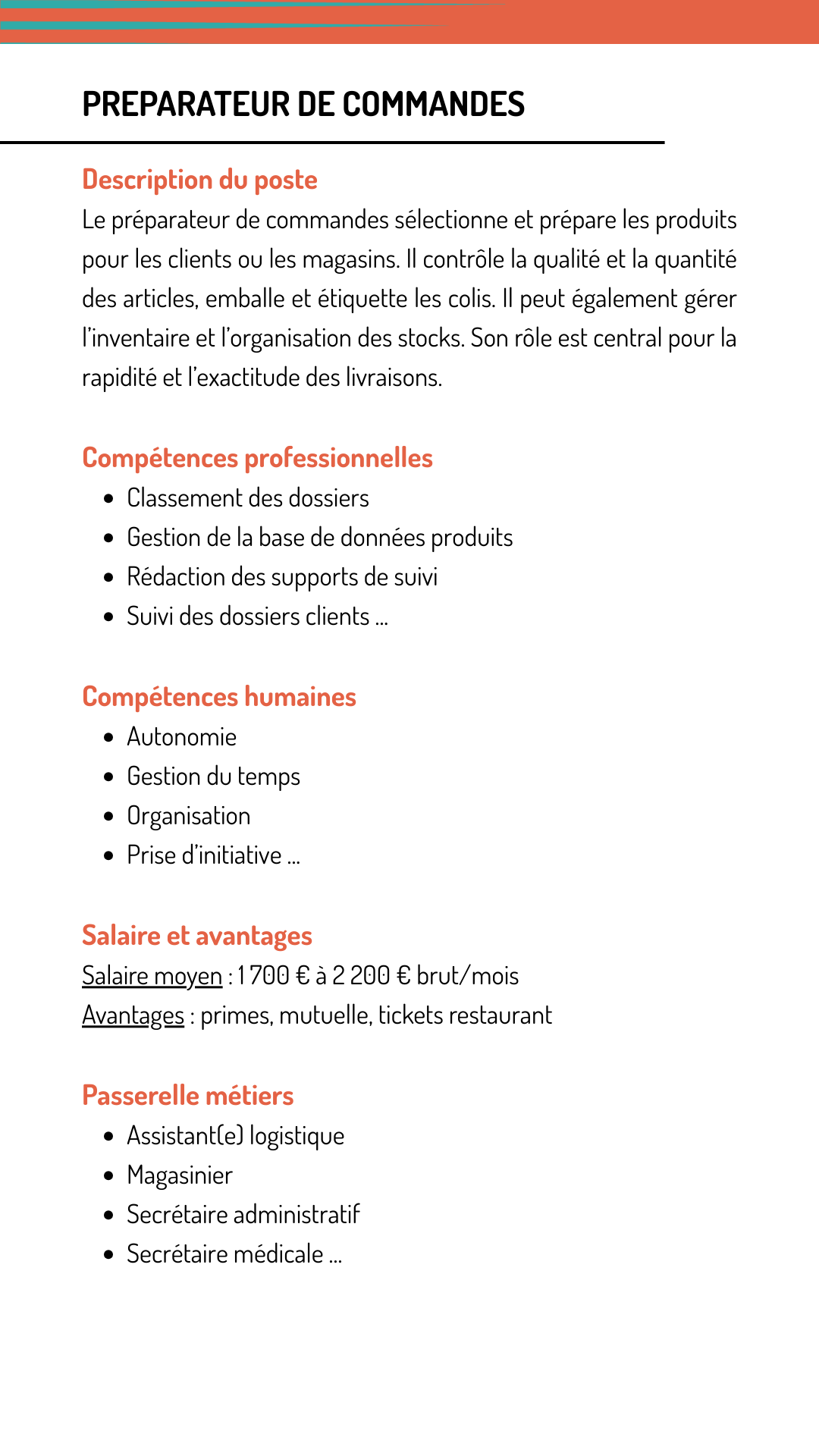 Fiche métier préparateur commandes qui explique les missions, les compétences recherchées, le salaire et les métiers qui demandent les mêmes compétences