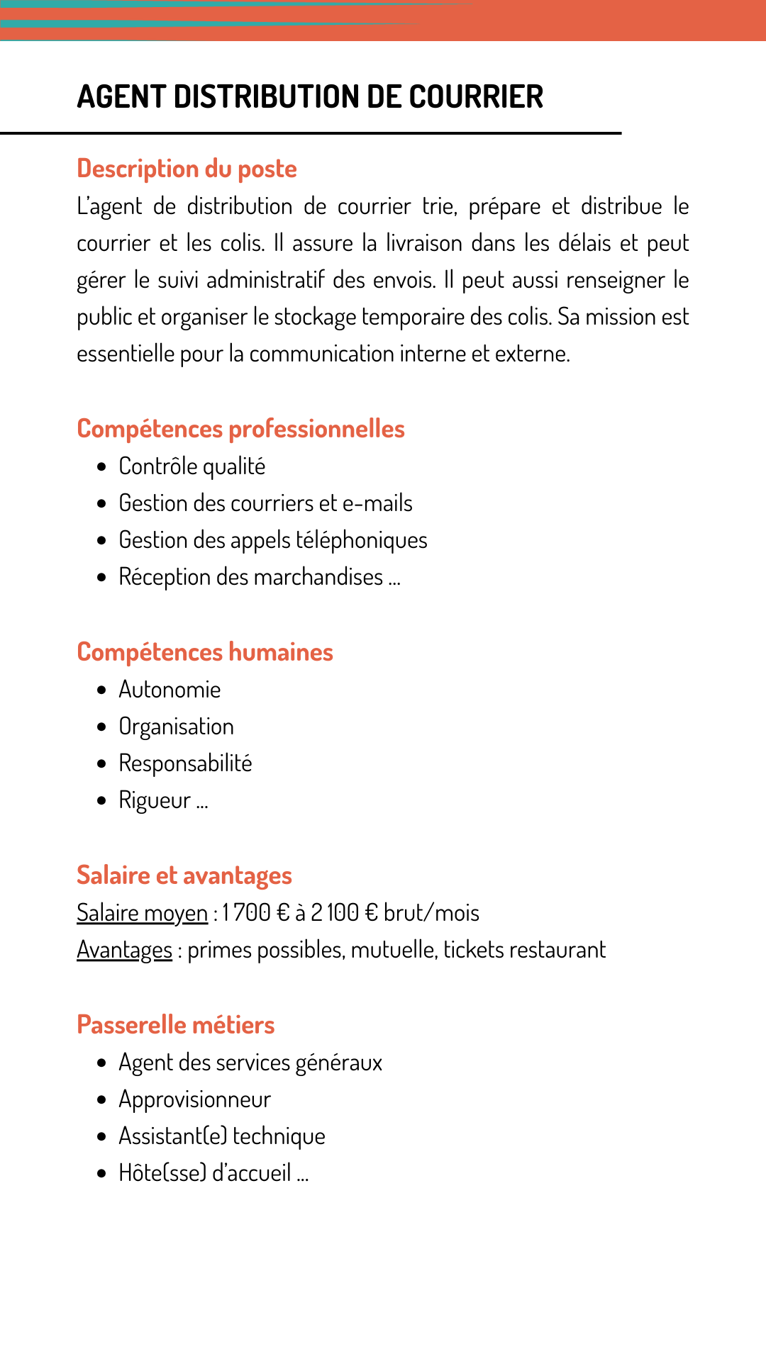 Fiche métier agent distribution courrier qui explique les missions, les compétences recherchées, le salaire et les métiers qui demandent les mêmes compétences