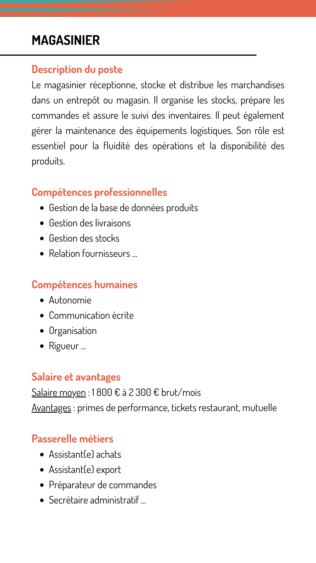 Fiche métier magasinier qui explique les missions, les compétences recherchées, le salaire et les métiers qui demandent les mêmes compétences