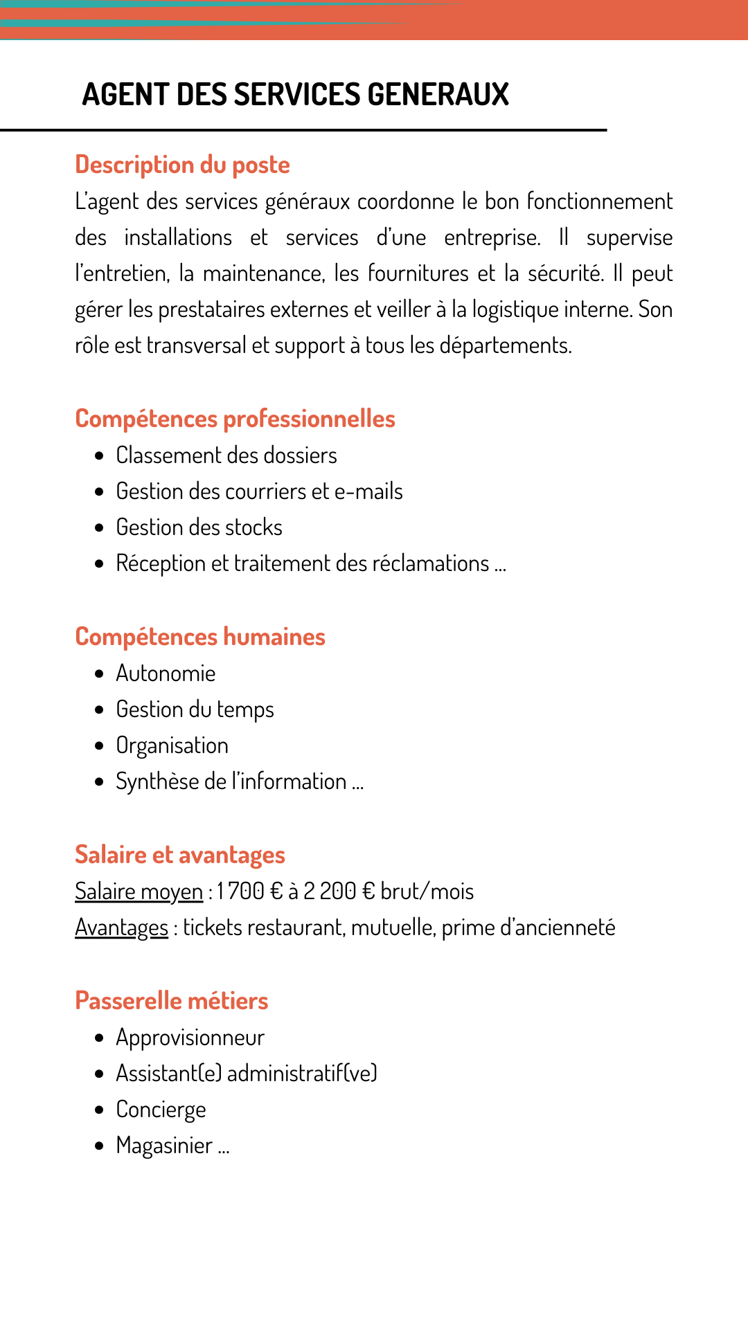 Fiche métier agent services generaux qui explique les missions, les compétences recherchées, le salaire et les métiers qui demandent les mêmes compétences